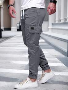 1pc Teenage Boys' Polyester Simple Front Tie Pocket Cargo Pants, Casual Daily Wear, Suitable For Spring, Summer, Autumn, Lightweight Style - Grey - View 4