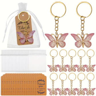 10 件蝴蝶钥匙扣礼品套装，附赠感谢卡和包装袋，10 个吊坠 + 10 个包装袋 + 10 个标签，适合派对、生日、毕业典礼、节日、汽车、包袋
