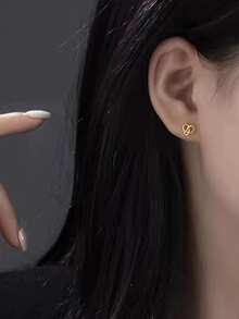 一对优雅简约交织小巧心形耳钉 - 金黃色 - 查看 6