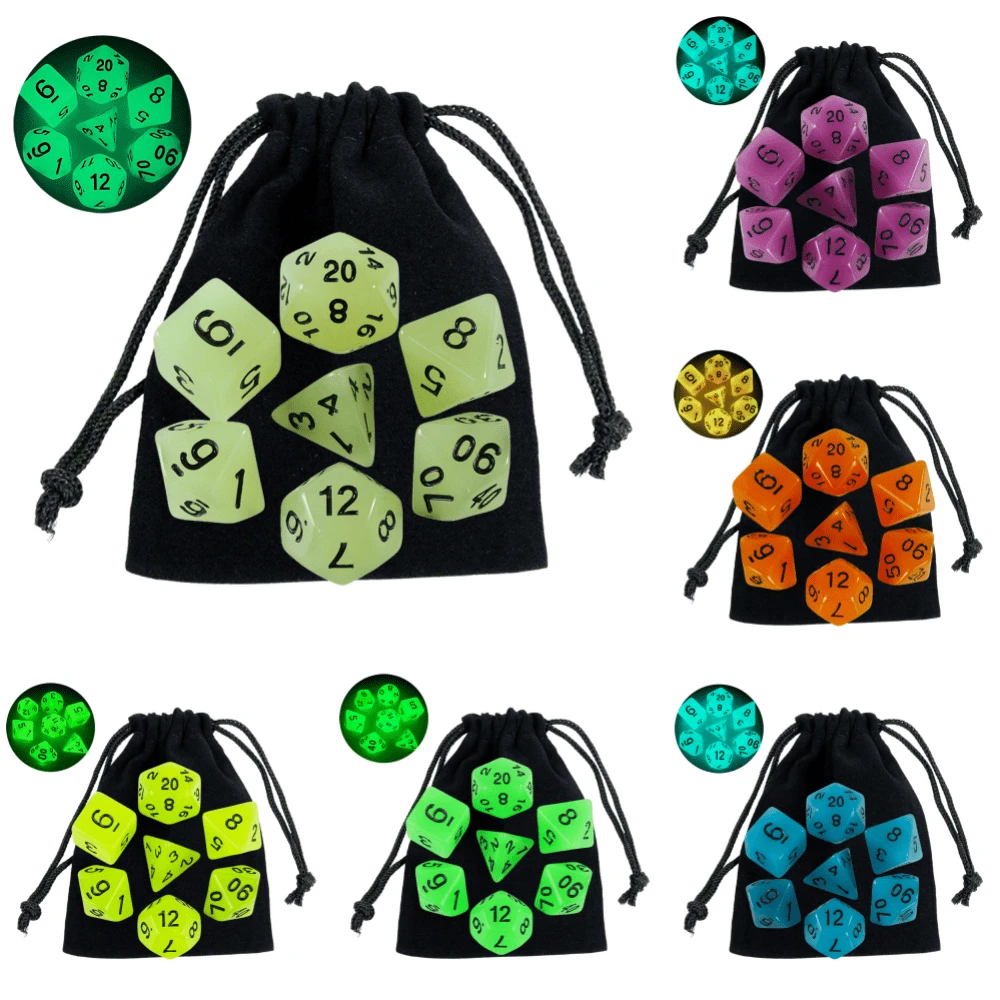 7pcs Glow-In-The-Dark Dice Set, Including Velvet Bag, Suitable For Board Games And Math Learning, Great Gift For Halloween And Christmas