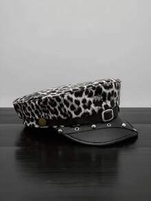 1pc Women's Leopard Print Beret Hat, PU Leather Decor Buckle, Autumn/Winter Retro Flat Top Cap, Suitable For Back To School, Student Fashion, Party Themes, Street Style, Halloween