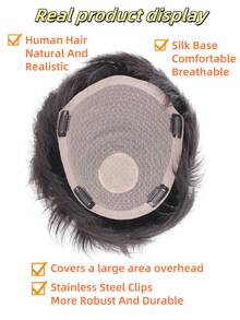 Pieza de cabello postizo para hombres de 16x18CM con clips, extensiones de cabello humano invisibles, pelucas para hombres de cabello corto, reemplazo de cabello natural hecho a mano para pérdida de cabello y cabello ralo, disfraz de Navidad, peluca de fiesta de Año Nuevo, estilo festivo - Natural Black - Ver 5
