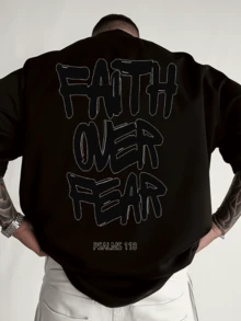 Men's Oversized T-Shirt White FAITH OVER FEAR Psalms 118 Graphic Print For Casual Wear - 黑色 - 查看 1