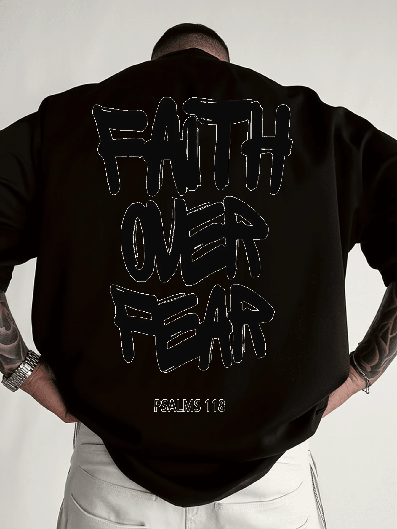 Men's Oversized T-Shirt White FAITH OVER FEAR Psalms 118 Graphic Print For Casual Wear - 黑色 - 查看 1