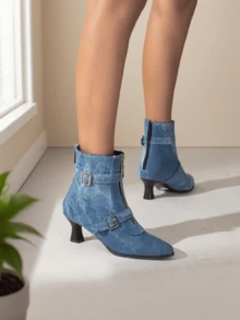Fashionable For Women Denim Ankle Boots Low Kitten Heel Pointed Toe With Zip Buckles Strap Boots Casual Dress Party Wedding Halloween Denim Blue Short Boots Women - 藍色 - 查看 3