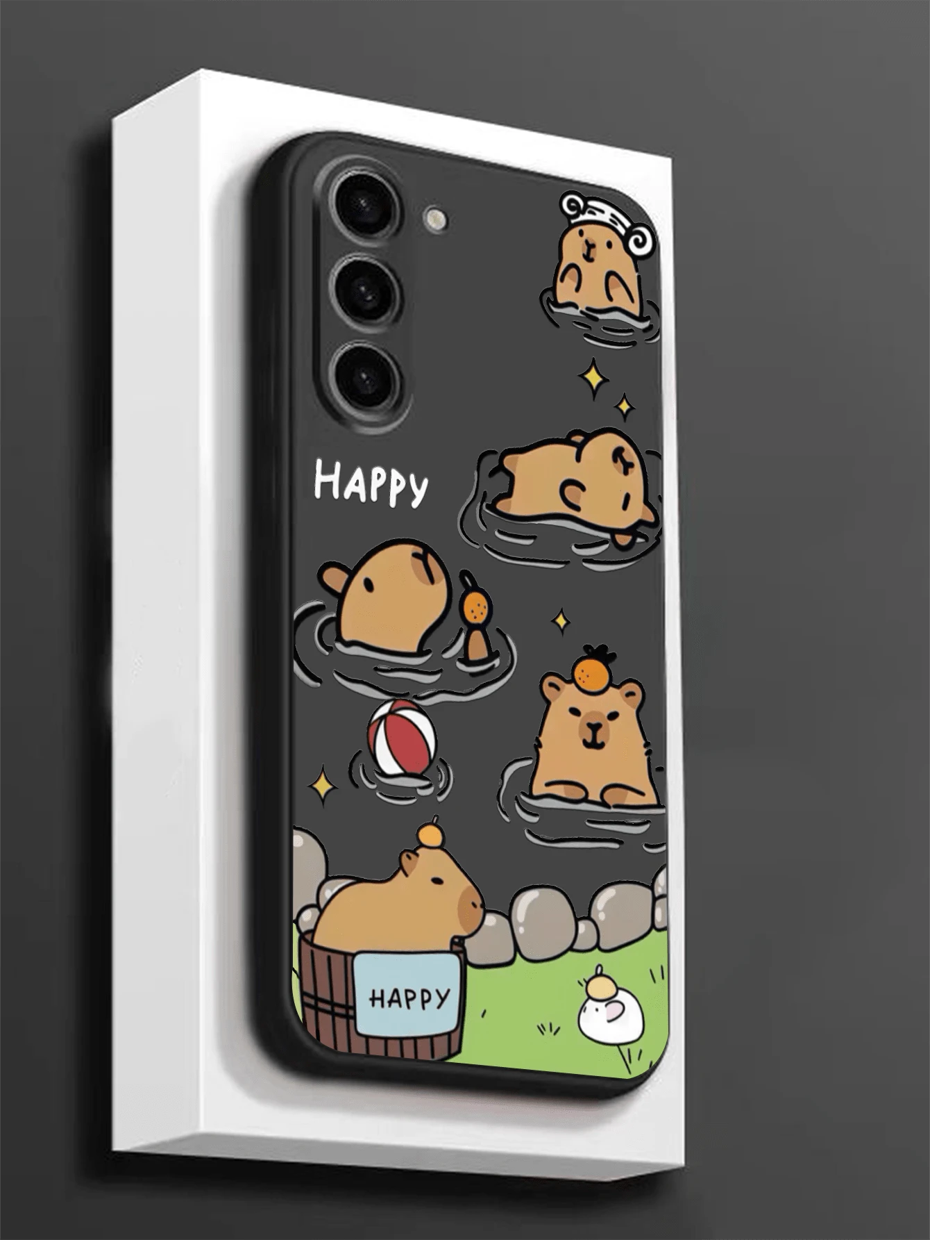 1 pièce Étui de téléphone noir antidérapant et anti-chute avec un capybara heureux nageant, compatible avec , Honor, Redmi, Galaxy et 12T/13T/14T - Noir - Voir 1
