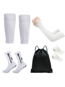 5 buc/set șosete de fotbal până la jumătatea gambei + mâneci de protecție solară + huse de protecție pentru șosete + curele sport + rucsac cu șnur, șosete adezive antiderapante pentru antrenament profesional pentru bărbați și femei, potrivite pentru jocuri cu mingea, activități în aer liber pentru alergare