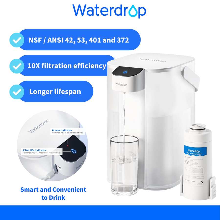 Waterdrop Instant Eletric Water Filter Jug, 3.5L 3 Months Water Filter Outdoor Drinking Water System, Reduces Limescale, Chlorine, Lead, Mercury, PFAS, PFOA/PFOS, White (With 1,757 Liter Filter) - trắng - Xem 1