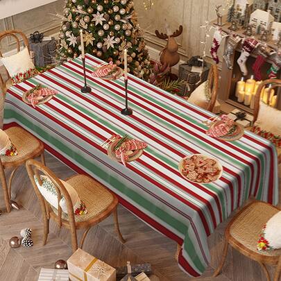 1/20 Pcs Christmas Tablecloth, Red, Green And White Striped Pattern Print Design Tablecloth, Polyester Fabric, Woven, Rectangular Tablecloth, Festive Home And Kitchen Decoration, Christmas Festive Tablecloth, Christmas Gift