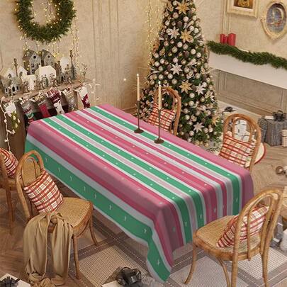 1/20 Pcs Christmas Tablecloth, Pink Green And White Striped Pattern Print Design Tablecloth, Polyester Fabric, Woven, Rectangular Tablecloth, Festive Home And Kitchen Decoration, Christmas Festive Tablecloth, Christmas Home Decoration