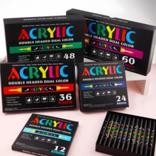 أقلام تلوين أكريليك ذات طرفين فرشاة مزدوجة الألوان، تحكم آلي في الحبر، حبر مائي لتلوين الصخور والخشب والسيراميك والزجاج والحجر والأقمشة، مستلزمات فنية وحرفية للعودة إلى المدرسة