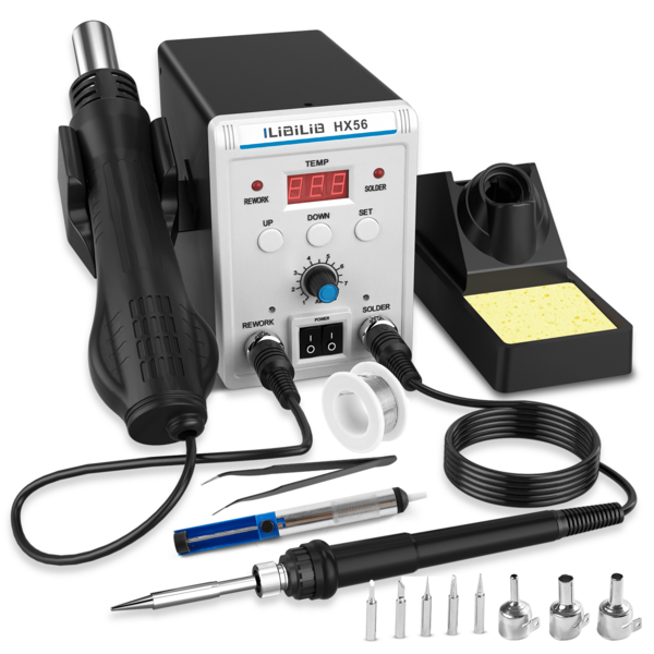 700W, Soldering Station 2 In 1 SMD Hot Air Rework Station Adjustable Temperature Digital Display 100°C-500°C Soldering Iron Kit With 5 Replaceable Soldering Tips, Hot Air Nozzle, Desoldering Tool