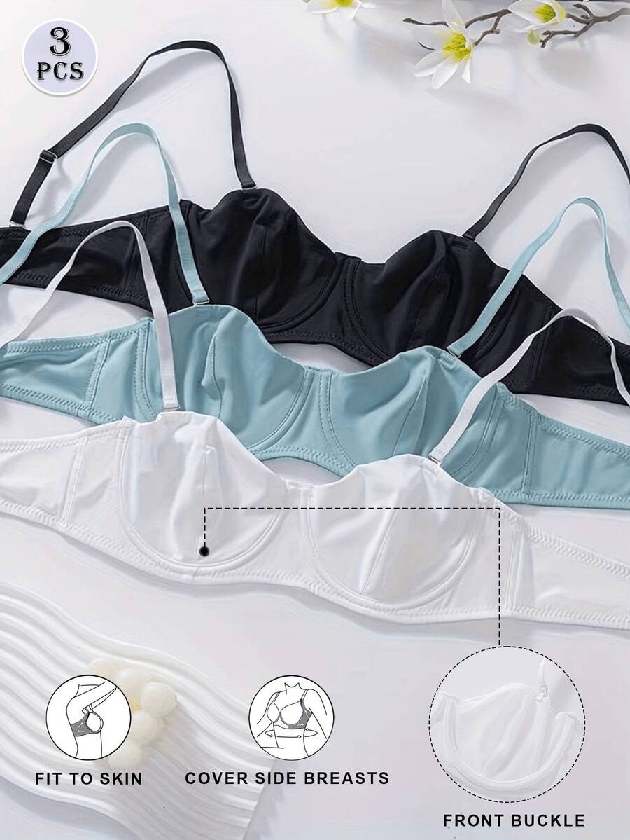 3pcs Solid Color Mesh Underwire Bra Set, Sexy Comfortable Lift Camisole Bra, Women's Lingerie - Multicolor - View 1