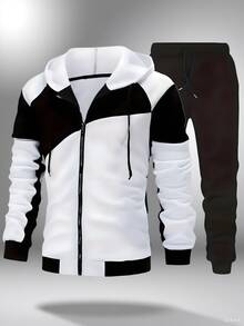 [2-Piece Set] Long-Sleeved Black And White Spliced Hooded Jacket And Solid Color Drawstring Trousers, Men's Casual Sports Suit, Machine Washable, New Autumn And Winter Style, Regular Version, Suitable For Daily Exercise Outside - Đen và trắng - Xem 3
