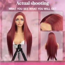 8-34 Inches Burgundy 99J Brazilian Long Straight Wigs 13x4 Lace Front Wig Wine Red Color Straight Wig Pre Plucked 200% Density Straight 13x4 HD Transparent Lace Frontal Glueless Wig Bralizian Virgin Hair Tiny Knots Natural Hairline With Baby Hair Halloween Wigs For Women