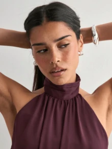 Women's Summer Solid Pleated Halter Neck Sleeveless Chiffon Blouse Tops - 紫色 - 查看 3