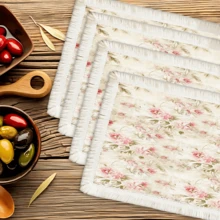 1 pieza Mantel individual con patrón floral de lino con flecos, tapete de mesa de comedor lavable, decoración del hogar, superficie de mesa, posavasos, tapete de cocina y comedor, decoración de fiesta interior y exterior, regalo ideal