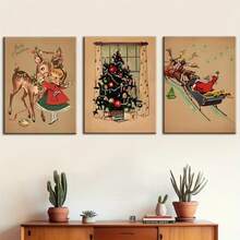 1/3pcs Vintage Christmas Art Decoration Available With Wooden Frame Reindeer And Girls Canvas Posters, Decorated In Classic Modern Style, Animal Themed Wall Decorations For Living Rooms, Bedrooms, Home Offices, And Indoor Use