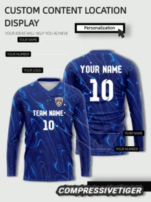 Chelsea Blue Swirl Pattern Long Sleeve Football Jersey - Customizable With Name, Number And Team | Soft Breathable Fabric, Comfortable All Day | Eye-Catching Abstract Blue Swirl Pattern, Showcases Modern Dynamism | Ideal For Players Wanting To Express Their Personal Style On The Pitch