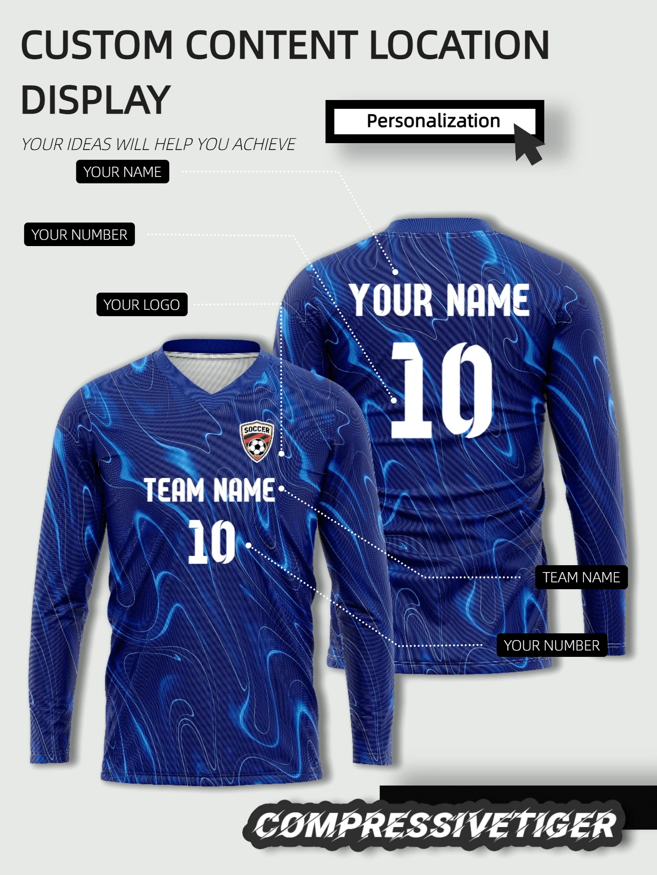 Chelsea Blue Swirl Pattern Long Sleeve Football Jersey - Customizable With Name, Number And Team | Soft Breathable Fabric, Comfortable All Day | Eye-Catching Abstract Blue Swirl Pattern, Showcases Modern Dynamism | Ideal For Players Wanting To Express Their Personal Style On The Pitch