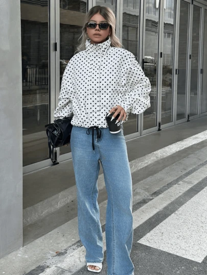 Spring & Summer Casual Elegant Vacation White Polka Dot Bomber Jacket, Short Cropped Streetwear Y2K Style Sporty Jacket For Girls