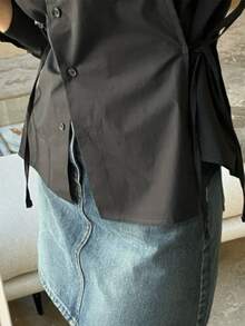 Color Sólido Señoras Cintura Corbata Slim Lapel Single Breasted Camisa Manga Larga Ocasión Formal - Negro - Ver 3