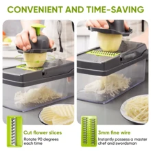 Set di utensili da cucina multifunzionali 14-in-1, include tritatutto manuale per verdure, affettatrice per frutta, grattugia per alimenti, tritatutto per cipolle e grattugia per patate con contenitore, ottimo per grigliate e cottura all'aperto