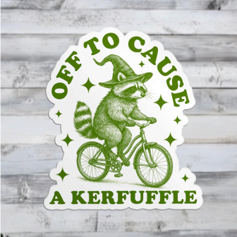 1 PC "Off To Cause A Kerfuffle" Raccoon On Bike Sticker – Funny Chaos Meme, Cute Animal Humor Vinyl Decal, Waterproof Matte Vinyl For Laptop, Water Bottle, Notebook, Planner, Hard Hat & Gift For Mischief Makers