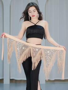 优雅的肚皮舞亮片流苏臀巾，适合女性东方舞练习和舞蹈配饰 - 彩色 - 查看 3