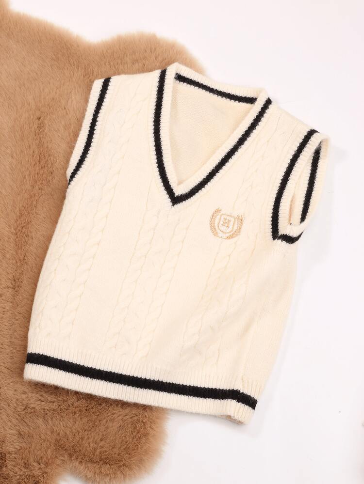 1 قطعة كنزة صوفية بدون أكمام للأطفال الرضع من الأولاد، مزينة بشعار ذهبي، كنزة صوفية كنزة جميلة للبنات الصغيرات، مناسبة للربيع والخريف - بيج - مشاهدة 4