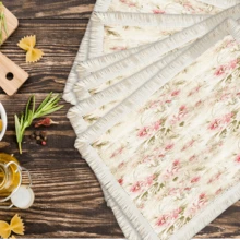 1 pieza Mantel individual con patrón floral de lino con flecos, tapete de mesa de comedor lavable, decoración del hogar, superficie de mesa, posavasos, tapete de cocina y comedor, decoración de fiesta interior y exterior, regalo ideal