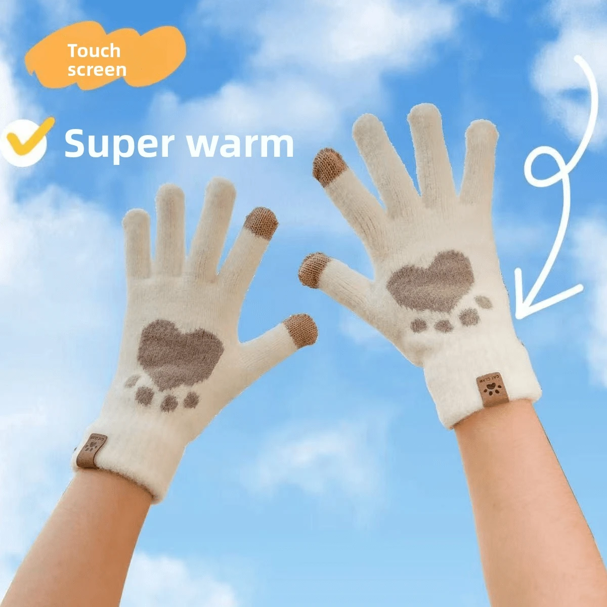 1 par de guantes de punto gruesos y cálidos con diseño de pata de gato, aptos para ciclismo y uso en pantallas táctiles