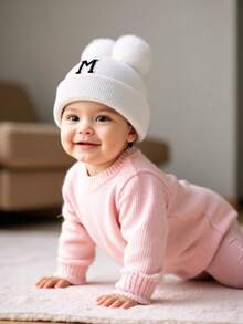 1 chiếc mũ len trẻ sơ sinh cá nhân hóa, mũ len 26 chữ cái cho trẻ mới biết đi và trẻ em, mũ len thủ công cho bé gái, phù hợp cho bé từ 0-3 tuổi đội hàng ngày. - trắng - Xem 4