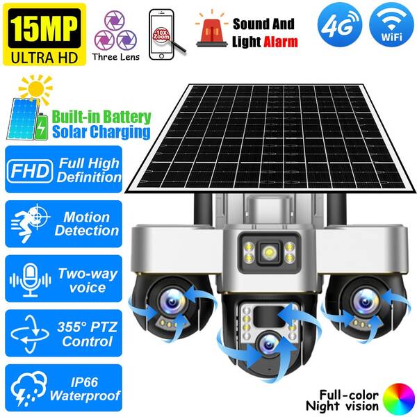 V380 1 PC Solar Camera Outdoor Wireless Three Lens PTZ Security Cameras Wireless 4G/WiFi Solar Powered And Built-In Battery CCTV Camera For Home Cameras Security Surveillance Night Vision Two Way Audio Motion Tracking PTZ Camera IP Camera