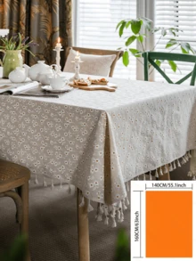 1 buc. Față de masă cu ciucuri, în stil pastoral francez, bej, cu imprimeu de crizanteme, husă de masă dreptunghiulară pentru măsuța de cafea, dulap TV, decor pentru casă