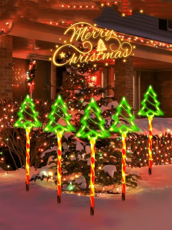 1 conjunto de luzes de gramado de árvore de Natal 5 em 1 movidas a energia solar para jardim e terraço ao ar livre, varanda, decoração com clima natalino, presentes de Natal perfeitos, decorações de Natal solares ao ar livre, clima natalino de inverno para pátios e jardins, adequado para decoração de jardim de Natal, decoração para áreas externas, decoração para quintal externo