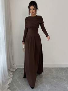 Women's Elegant Long Sleeve Dress With Ruched Waist And A-Line Silhouette, Coffee Color, Suitable For Spring, Summer, Autumn, Winter, Elegant, Everyday, Commute, Party, Date, Ramadan - Coffee - View 7