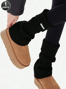 Calentadores de piernas de punto de unicolor para mujer de los años 80 con etiqueta metálica (el texto de la etiqueta metálica es aleatorio), acanalados, para usar al aire libre como accesorio de moda, uso casual en otoño/invierno, Y2k, cálidos