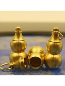 1 pieza Caja de almacenamiento con forma de calabaza pequeña, caja de primeros auxilios para guardar medicinas, vitaminas y aceite de pescado, cuentas de llavero de calabaza de cobre de Feng Shui, para la buena suerte, la riqueza, la salud y el éxito, regalo para amigos, familia y seres queridos - Amarillo - Ver 10