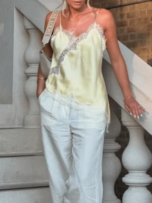 Women's Lace Trim Asymmetrical Camisole Spaghetti Strap V - Neck Satin Tank Top Casual Party Wear - Màu vàng - Xem 1