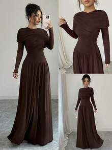 Women's Elegant Long Sleeve Dress With Ruched Waist And A-Line Silhouette, Coffee Color, Suitable For Spring, Summer, Autumn, Winter, Elegant, Everyday, Commute, Party, Date, Ramadan - Coffee - View 8
