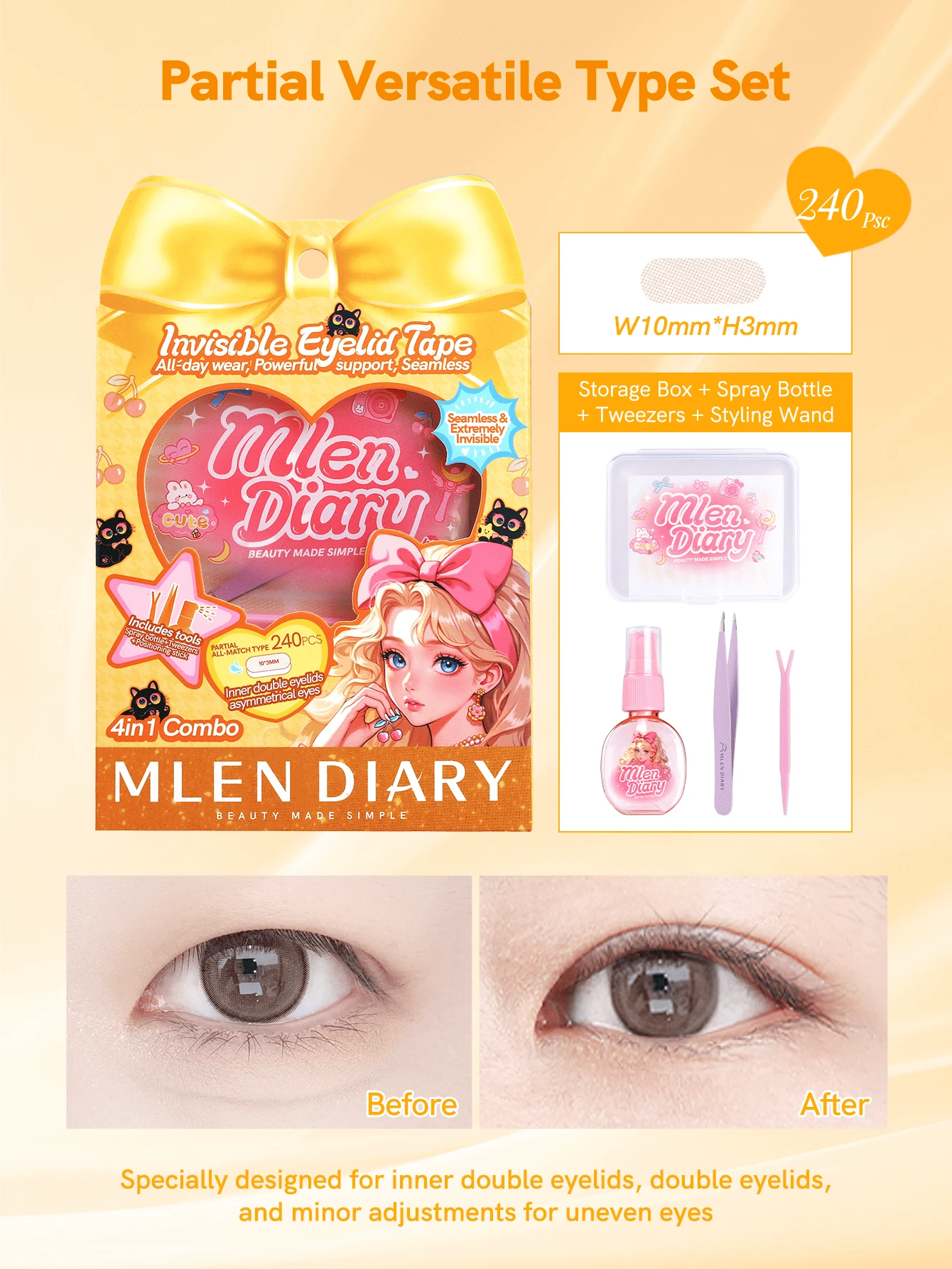 Băng dán mí mắt hai lớp Mlen Diary, 240 miếng hình lưỡi liềm, vô hình, kèm dụng cụ, chống thấm nước, lâu trôi, giúp tạo mí mắt hai lớp cho mắt sụp và mắt không đối xứng, giá rẻ, quà tặng Giáng sinh, dụng cụ trang điểm, đồ rẻ tiền, quà tặng, quà tặng cho phụ nữ, quà Giáng sinh, quà khuyến mãi, du lịch, đồ rẻ tiền, đồ dùng cần thiết khi đi du lịch - Màu be - Xem 1