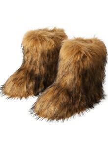 Women's Winter Furry Snow Boots For Women Fuzzy Fluffy Round Toe Suede Booties Flat Heel Slip On Outdoor Indoor Shoes EdgyElongate Fashion Warm Fluffy Christmas Shoes - 棕色 - 查看 11