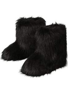 Women's Winter Furry Snow Boots For Women Fuzzy Fluffy Round Toe Suede Booties Flat Heel Slip On Outdoor Indoor Shoes EdgyElongate Fashion Warm Fluffy Christmas Shoes - 黑色 - 查看 2