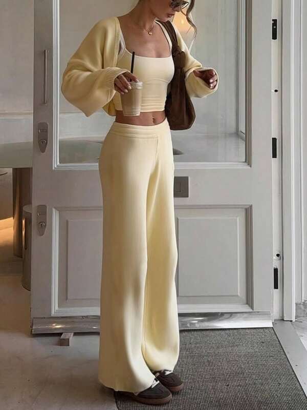 MORI Autumn And Winter Cream Yellow Sporty Casual Knit Two Pieces Set, Fashionable, Simple And Elegant Long Pants Suit, Versatile For Daily Wear, Commuting, And Christmas. New Years