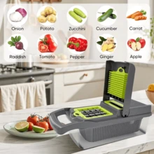 Set di utensili da cucina multifunzionali 14-in-1, include tritatutto manuale per verdure, affettatrice per frutta, grattugia per alimenti, tritatutto per cipolle e grattugia per patate con contenitore, ottimo per grigliate e cottura all'aperto