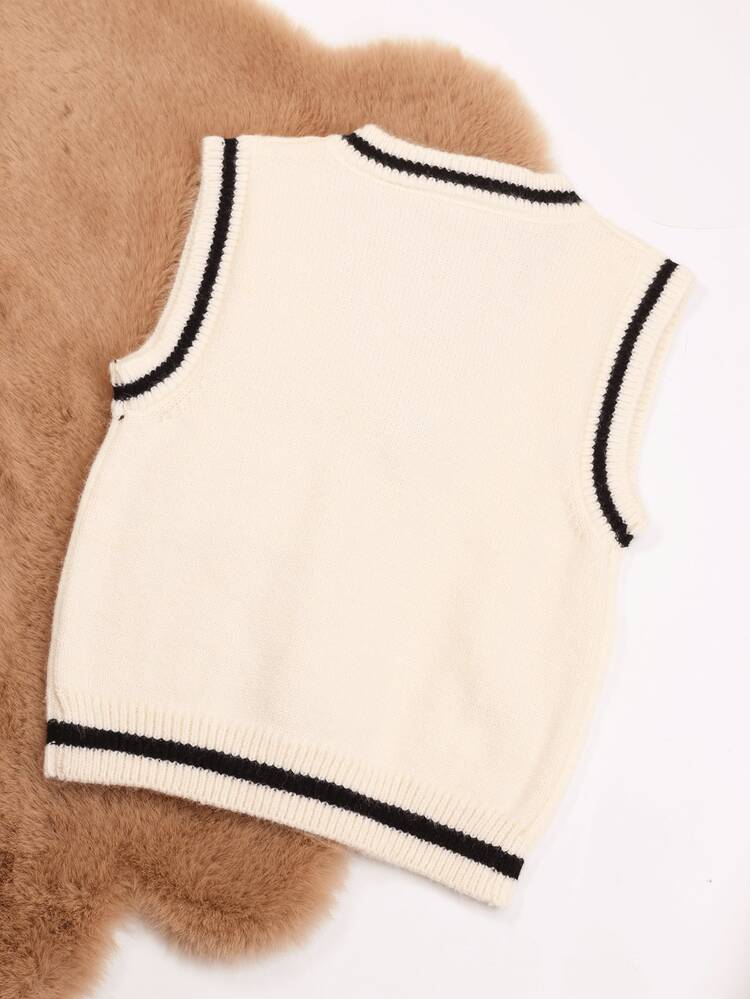 1 قطعة كنزة صوفية بدون أكمام للأطفال الرضع من الأولاد، مزينة بشعار ذهبي، كنزة صوفية كنزة جميلة للبنات الصغيرات، مناسبة للربيع والخريف - بيج - مشاهدة 3