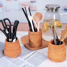 1pc Handmade Multi-Functional Pen Holder Made Of Rattan Material, Pen Holder Storage, Makeup Brush Storage, Desktop Decoration, Suitable For Desktop Office Classrooms, Birthday Gifts, Storage, Home Decor