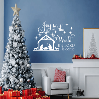 1pc Joy To The World Christmas Nativity Wall Decal 11x7.9 Inch, Removable Vinyl Wall Sticker, Religious Manger Scene With Jesus Mary Joseph, Bethlehem Star Holiday Decoration, Christian Wall Art For Home, Bedroom, Living Room, Church, Xmas Gift