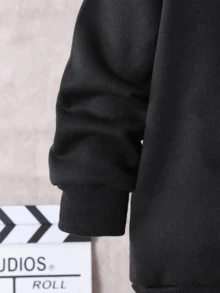 Set de 2 piezas Sudadera con capucha y pantalones de felpa con estampado gráfico informal para niño preadolescente, conjunto de otoño/invierno - Negro - Ver 5